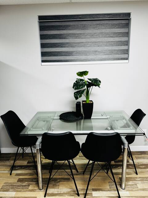 Modern Glass Dining Table Bundle with 4 Black Chairs