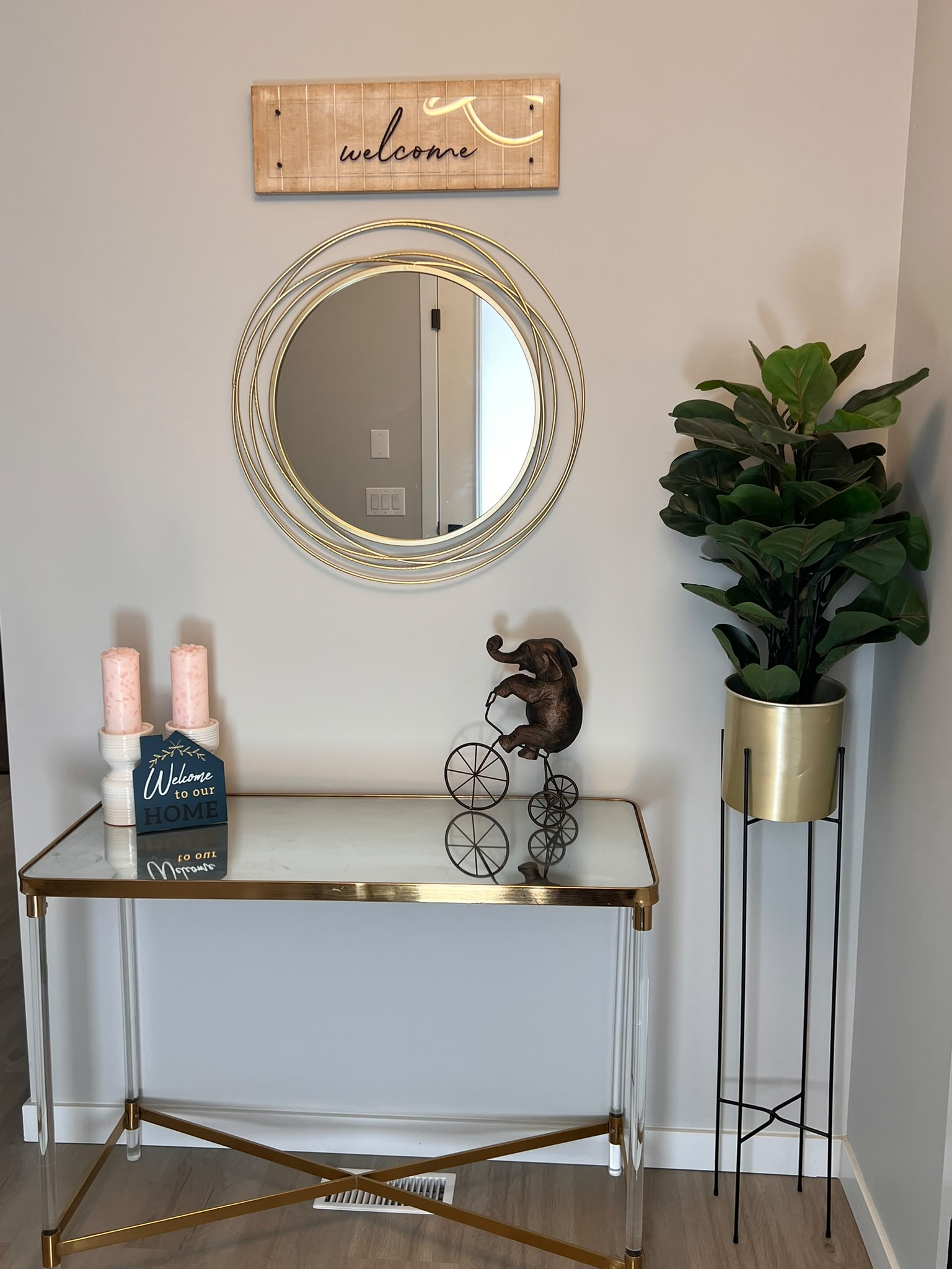 Entryway Decor Bundle, Console Table, Gold Mirror, Plant Stand, Wall Sign and Accessories