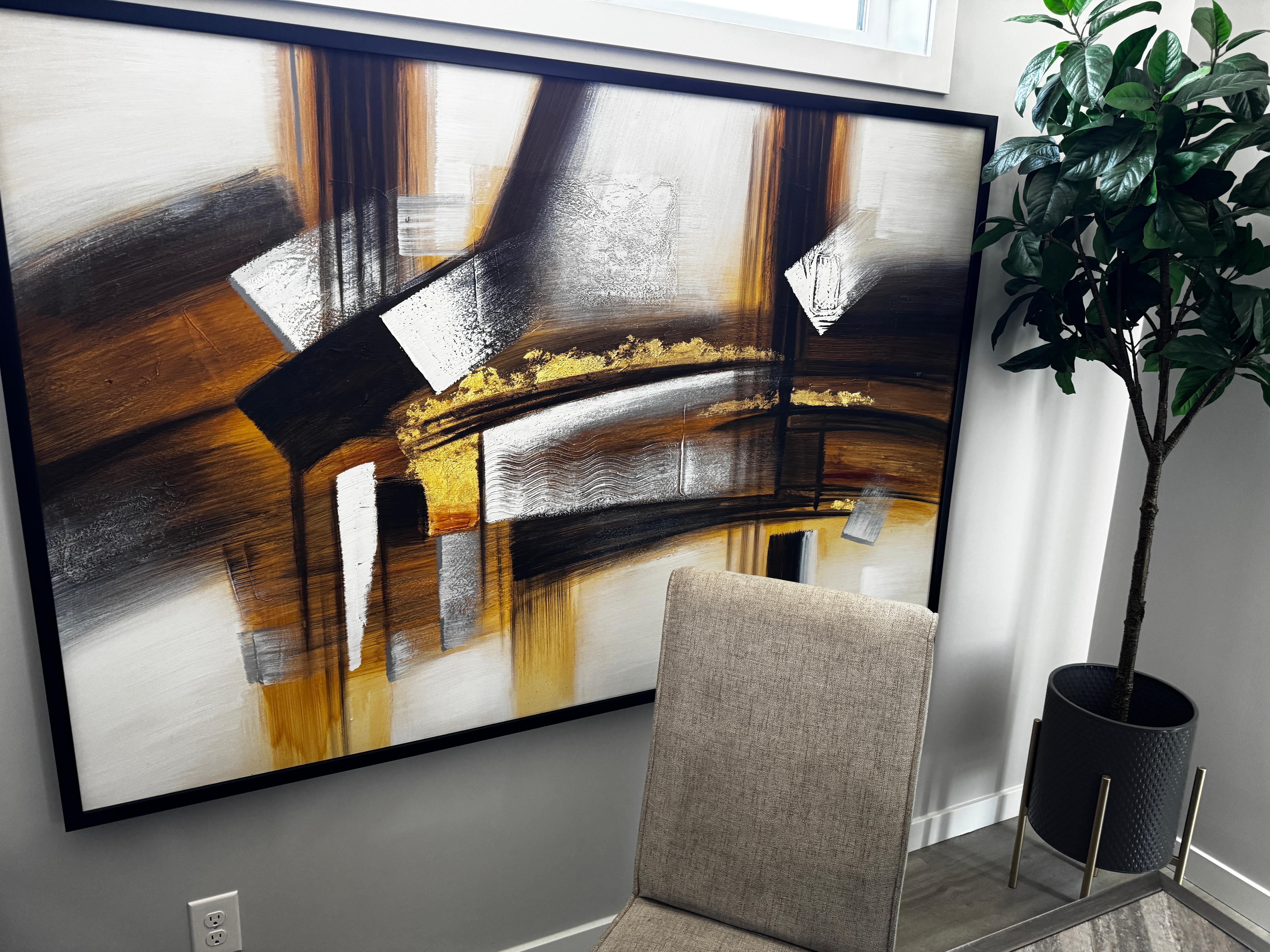 Large Framed Abstract Wall Art, Black, Gold, Brown and White